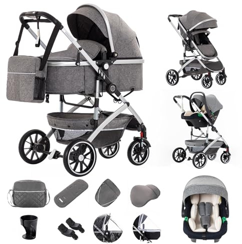 Gcarebb 3 in 1 Kinderwagen, Buggy Mit Auto Babyschale, Mit Einem Klick Zusammenklappbarer Tragbarer Kinderwagen Komplettset, KombiKinderwagen Mit Aluminiumrahmen für Neugeborene 0-4 Jahre