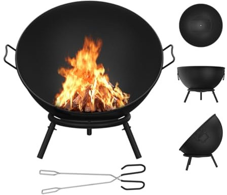 Aufun Brasero de 56 cm de diamètre - Noir massif et décoratif - Cheminée inclinable avec trépied - Boule de feu pour jardin, terrasse et balcon - Brasero et panier à feu - Feu de camp