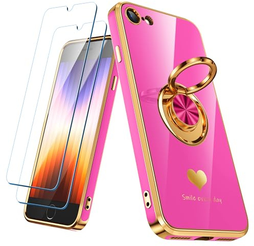 Nonional Compatible for iPhone SE/8/7 Case with 2 Pack Screen Protector, 360° Rotatable Ring Holder [Luxury Hearts Pattern] Plating Gold Edge Slim Soft Phone Case for iPhone SE/8/7 - Rose Pink