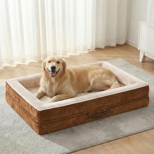 Renvix XL Orthopedic Dog Bed, Waterproof Dog Sofa Bed | with Removable Washable Cover, Soft Egg Foam Pet Bed, Non-Slip Bottom and Four-Sided Bolster Cushion(Brown, 117x76x19cm)