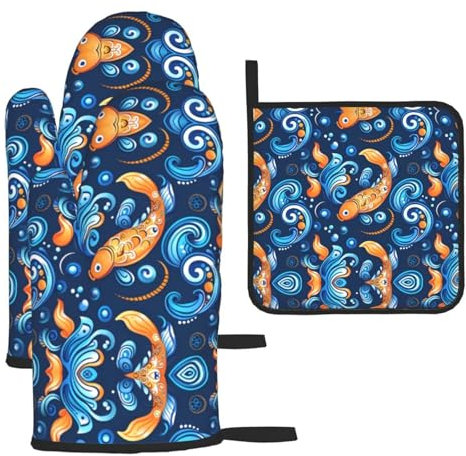 WZYWHJ Wave and Fish Printing Oven Mitts Pot Holders Set of 3 - Thick, Durable, and Waterproof Fabric for Heat Protection
