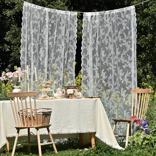 YKAFADE 2 Stück Spitze Vorhang Gardinenschal Blumen Muster Gardinen Transluzente Vintage Romantisch Dekoschal Ösenvorhänge Tüllvorhänge Fensterschal für Wohnzimmer Schlafzimmer -150x180cm(BxL),Weiße