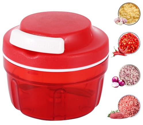 Zwiebelschneider Manuell, 300ml Zwiebel Zerkleinerer mit Edelstahlklingen,Knoblauchzerkleinerer,Küchenmaschine für Chili/Zwiebeln/Gemüse/Nüsse/Obst/Paprika/Fleisch/Knoblauch(Rot)
