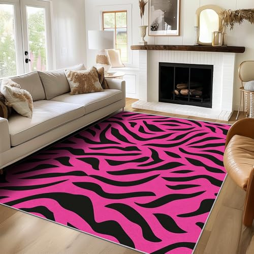 SUWALI Tapis Zèbre, Tapis Carré de Chambre Salon, Motif Rose Vif et Noir, 100x100, Antidérapant, Lavable, Doux, Poil Ras, Decoration Maison