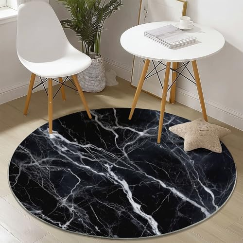 Generisch Runder Teppich 180 cm, Schwarzer Marmor Textur, Waschbar & rutschfest Weicher Kurzflor Teppich in Schwarz, für Wohnzimmer Schlafzimmer Arbeitszimmer & Home Office