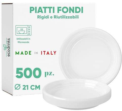ecodrinks - 500 Piatti Fondi Bianchi da Ø21cm - RIUTILIZZABILI - Base Antiscivolo, Robusti e Lavabili - Ideali per Sagre, Feste, Eventi - Scelta Ecologica e Sostenibile