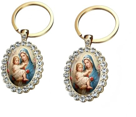 ZENRUIMING Lot de 2 porte-clés Vierge Marie avec strass – Porte-clés catholique en alliage avec pendentif Sainte Mère, cadeaux religieux chrétiens