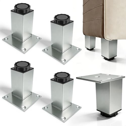 letuxaamz Patas Regulables para Muebles, Patas Regulables Patas Sofá de Aluminio de Altura Base 8cm, Juego de 4 Patas para Muebles Blancas Antideslizantes para Cama Sofá Cocina y Salón