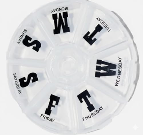 7 Day Weekly Round Pill Box Organizer – Medicine Tablet & Vitamin Dispenser with 7 Compartments, Lightweight Clear Plastic Pill Case, 9cm Diameter (1)