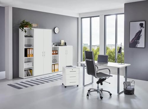 moebel-dich-auf Büromöbel Set TABOR 4 Schreibtisch, Rollcontainer, Aktenschränken & Regal – Büro Komplettlösung Korpus weiß Front weiß matt