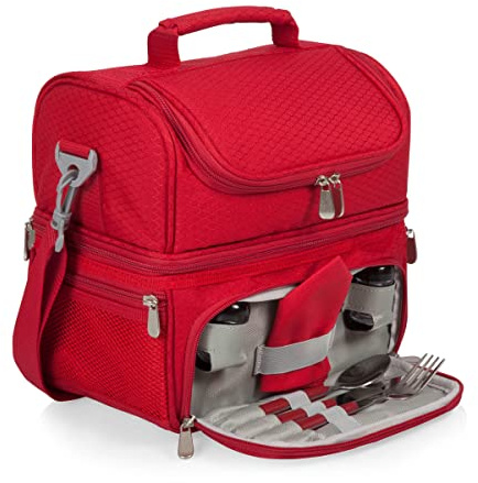 PICNIC TIME Pranzo Lunch Bag, Expandable Insulated Lunch Box with Picnic Set, Stylish Soft Cooler Bag, Portable Cooler Lunchbox with Dual Compartment Design and Leatherette Handles, (Red)