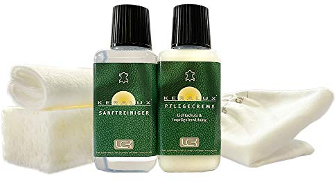 KERALUX 5-teiliges Lederpflegeset für Glattleder. 150 ml Reiniger, 150 ml Pflege, Staubhandschuh, Schwamm, Tuch. Mit Imprägnierung und Lichtschutz.