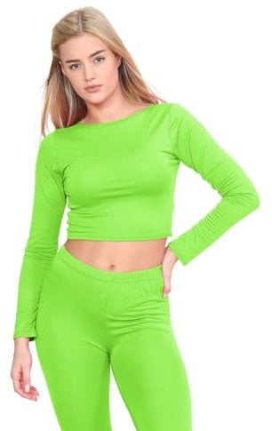 janisramone® Womens Crew Neck Crop Top, Long Sleeve Stretchy Summer Tops for Women UK, Plain Slim Fit Cropped Top, Ideal Casual Wear and Going Out Tops Neon Green