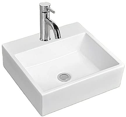 baanio - Lavabo pequeño de porcelana blanca Formentera | Pila 28x28x10 cm, sin Rebosadero, con Orificio de grifo | Diseño moderno | Lavamanos para instalar sobre Encimera o sobre mueble de baño