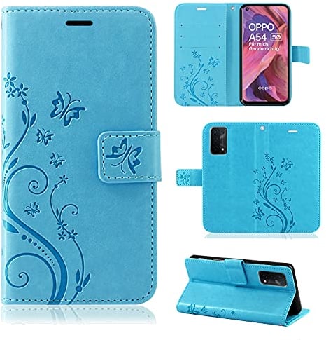 betterfon Hülle Kompatibel mit Oppo A54 5G / A74 5G | Premium PU Leder Handyhülle Wallet Case für A54 5G / A74 5G | Schutzhülle Blumen Klapphülle Handyhülle | Blau
