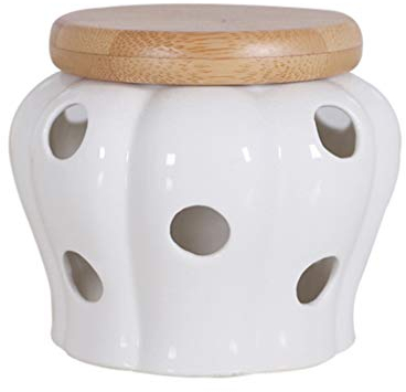 Luxshiny Ceramic Garlic Container with Lid 5.12 Inch Round Porcelain Storage Jar Featuring 12 Air Vents for Ventilated Garlic and Ginger Kitchen Storage