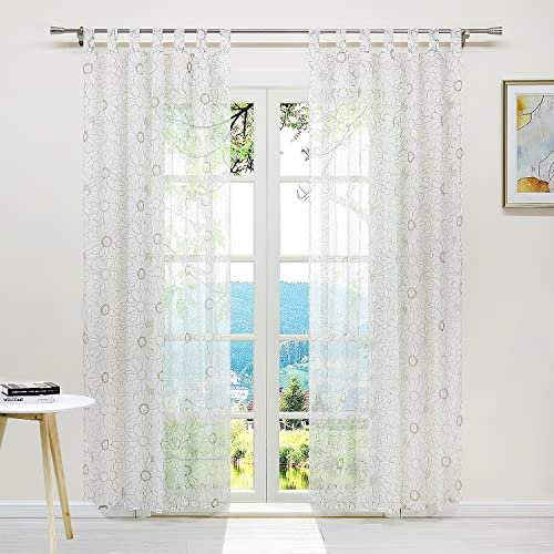 ESLIR Gardinen mit Schlaufen Vorhänge Fensterschal Transparent Schlaufenschal Voile Schal mit Blumen Muster Hellbraun BxH 145x145cm 1 Stück