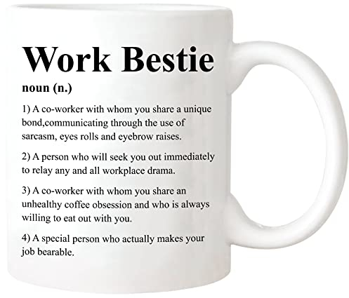 wonwhew Funny Work Bestie Tasse, 325 ml, Keramik-Kaffeetasse/Teetasse, doppelseitiger Druck, nur Handwäsche, moderner Stil, Geburtstagsgeschenk