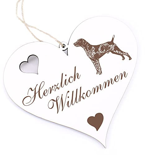 Herzlich Willkommen Schild - Deutsch Kurzhaar - Deko Herz Holz Willkommensschild Türschild Dekoschild Türdeko