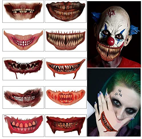 10 Sheets Halloween Temporary Tattoos Scary Mouth Tattoo Stickers for Prank Party Props Horror Cosplay Costume Makeup Props For Halloween Cosplay Decorv.