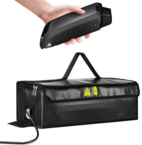 ANZOME Ebike Sac de Batterie Ignifuge jusqu'à 1250 °C, étanche & Anti-Explosion avec Trous de Passage de câble et Fermeture Velcro à l'intérieur, pour Stockage, Transport, Recharge, 41x12x13cm