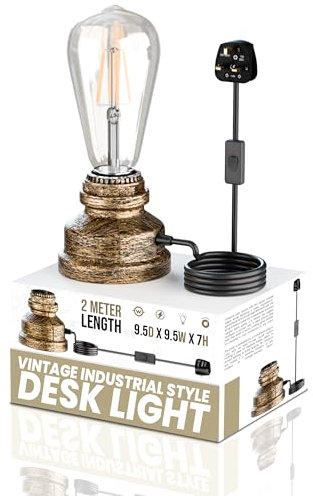 LEDSone Vintage Table Lamp Industrial Nightlight Village Style Desk Light Plug in Lamp Brushed Copper Water Pipe Table Lamp with ON/Off Switch E27 Dimmable Bulb (Without Bulb)
