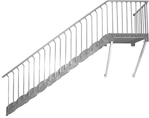 Wangentreppe Scarlo 1000 mit Bodenstütze und Podest, 12 Stufen, Höhe 2,36-2,60 m, einseitiges Geländer, Premium Ausstattung, feuerverzinkt, Stahltreppe, Außentreppe