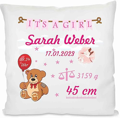 INDIGOS UG - Kissen Baby - Mädchen - zur Taufe oder Geburt - indivdiduell personalisiert selbst gestalten - Name, Gewicht, Größe Datum - Geburtskissen - Babygeschenk