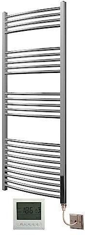 Greened House Extra High Heat Output Chrome Electric Towel Rail 600 x 1500mm Curved Bathroom Radiator Heater Up to 26% More Heat Output + Timer and Thermostat