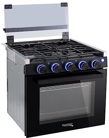 RecPro Fornello per camper con finitura nera | Cucina a gas alta 53,3 cm | 6500 e 8000 BTU a tre fuochi | forno 7100 BTU con capacità di 1,8 Cu. Ft | Cappa ventilata opzionale