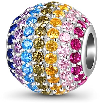 GNOCE Damen Charm Perle Funkelnder Regenbogen Rundform Basic Charm 925 Sterling Silber Charm Champagner Kugel mit Zirkonia Fit Alle großen Marken von Armband/Halskette