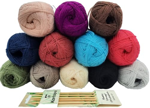 H&W Vertrieb Sockenwolle 4 fädig / 12 Farben a 100gr Strumpfwolle - 1.200gr Set Best of Unis / 420m LL – 100gr / filzfrei/Ökotex (Strumpffarben) + hochwertige Bambusnadeln 3,0