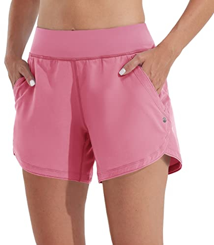 WILLIT Damen 5 Badeshorts Boardshorts UPF50+ Badehose High Waisted Schwimmshorts Badehose Schnell Trocknende UVA Schutz mit Liner Taschen Rosa Größe 38