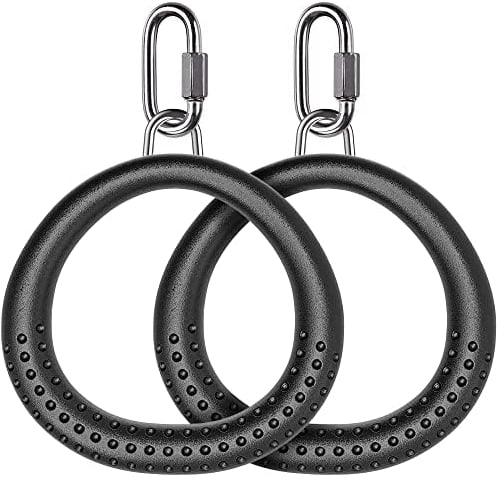 BeneLabel round gymnastic rings, 2-piece swing rings trapezoid ring plastic fitness gymnastics rings climbing rings with carabiner for outdoor playground obstacle course climbing frame, black