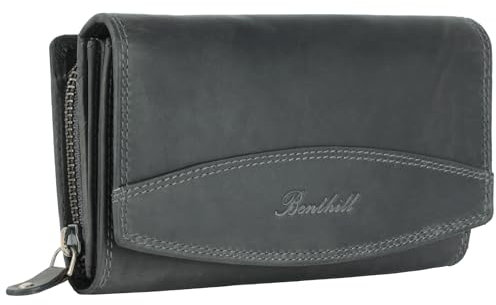 Benthill Damen Geldbörse Leder XXL - Großes Portemonnaie mit RFID Schutz - Echtleder Vintage Damenbörse inkl. Geschenkbox, Farbe:Olive - Grau