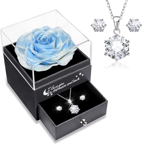 Sunia Ewige Rose mit Kette und Ohrringe aus 925 Sterlingsilber, Ewige Rose Geschenke für Frauen Mama Frau Oma, Halskette Damen,Geschenk Geburtstag Valentinstag Jahrestag Muttertag Jubiläum Weihnachten