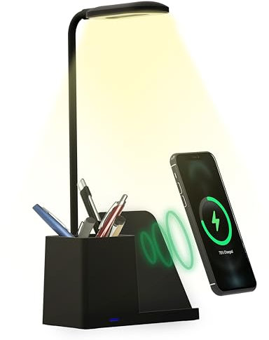 KLKEYLINE Lampada da scrivania con ricarica wireless, lampada da tavolo con porta penne, lampada da comodino luce led protezione degli occhi, accessori scrivania. (Nero)