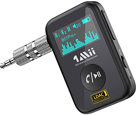 1Mii Adaptador Bluetooth Aux para Coche, Receptor Bluetooth 5.3 con LDAC, aptX-HD, Pantalla OLED, Emparejamiento Dual, 14 h de Batería, Llamadas Manos Libres, para Radio de Coche/Estéreo/Altavoces
