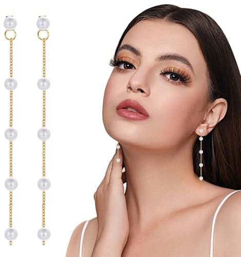 Perle Tropfen Ohrringe 14K Gold Perlenohrringe für Frauen Mädchen, Boho Perle lange Quaste Prom Ohrringe, Hochzeit Braut Ohrringe Graduierung Prom-Schmuck (lange Quaste)