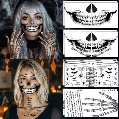 8-teiliges Halloween-Gesichtstattoo Set - Damen Halloween Kostüm mit Skelett Tattoo und Zombie Schminke