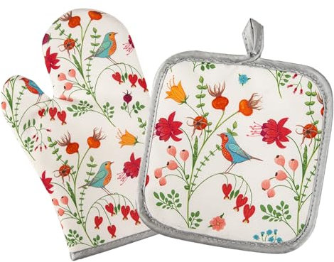 Oven Mitts and Pot Holders, Heat Resistant Extra Long Oven Gloves & Hot Pads for Cooking BBQ Grilling Baking Gift,Pioneer Woman Kitchen Accessories,Gifts for Women,Set of 2(Birds & Flower)