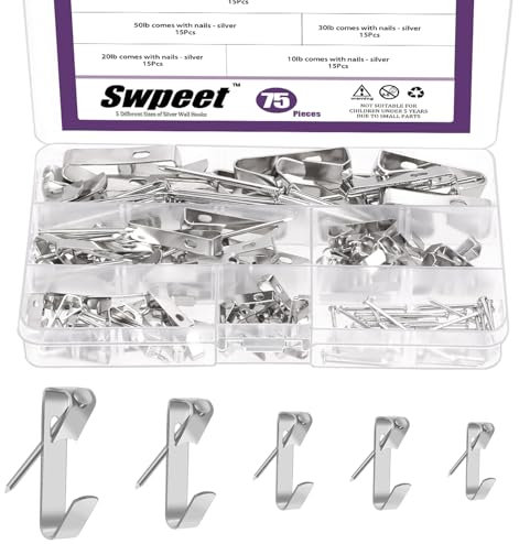 Swpeet 75 pezzi, 5 misure, 10lb/20lb/30lb/50lb/100lb argentate con kit per nail art, gancio per appendere immagini in metallo, gancio per telaio ad alte prestazioni, hardware per muro a secco