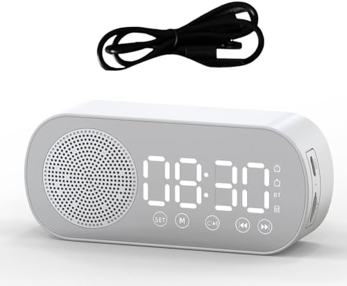 Muuoeou Enceinte Bluetooth sans Radio-Réveil avec Horloge Numérique et Support de Carte TF, ABS, pour et Le Bureau, Blanc