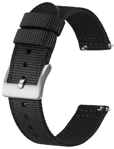 BISONSTRAP Nylon Armband für Herren, Zweiteilige Militär Uhrenarmband, Schnellverschluss, Gebürstete Schnalle, 22mm, Schwarz (Silberne Schnalle)