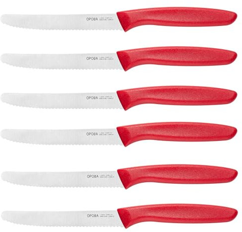 OPOLIA Rot FrüHstüCksmesser 6 Stück,Hochwertiges Edelstahl Tafelmesser Gezackte Klinge,Brötchenmesser,Tomatenmesser,Restaurant&Haushalts Scharfe Messer Set,Rostfrei&SpüLmaschinenfest