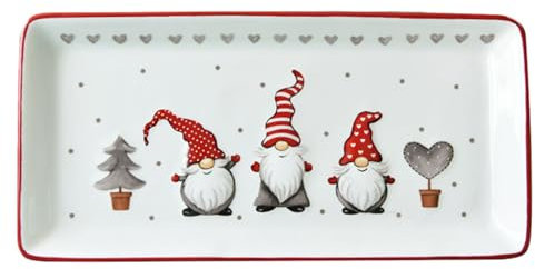 Gaxcent Vassoi da Portata in Ceramica Natalizia, con Design Gnomo di Natale Rettangolare Piatti di Natale Vassoio da Dessert per Insalata,Bianca
