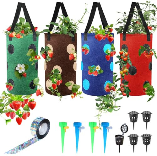 YZNlife Upside Down Tomaten-Pflanzgefäß, zum Aufhängen, Erdbeer-Pflanzgefäß, langlebige Belüftung, Stoff-Pflanzbeutel für Gemüse, Erdbeer-Wachstumsbeutel, 4 Stück