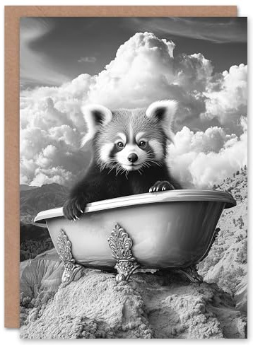 Artery8 Greeting Card Red Panda in Bathtub on Hill Black White Surreal Blank For Him Or Her Art Birthday Card