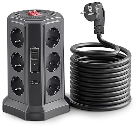 Steckdosenleiste mit USB 4000W/16A 12 Fach Mehrfachsteckdose Steckdosenturm 2M Kabel HAFINO Steckerleiste mit 4USB,2 Schalter,Überspannungsschutz für Büro Küche Gaming(Schwarz)