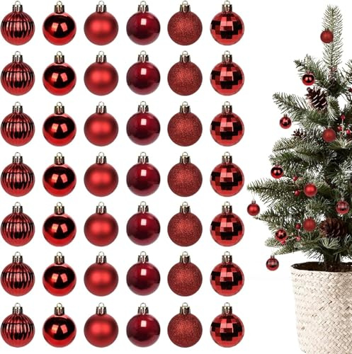 HongChelle 42 Stück Weihnachtskugel-Ornamente, Saisonales Dekoratives Hängekugel-Set, Wiederverwendbar Weihnachtskugeln-Dekorationen für Innen und Außenbereich, Rubiinrot - 6 Stile